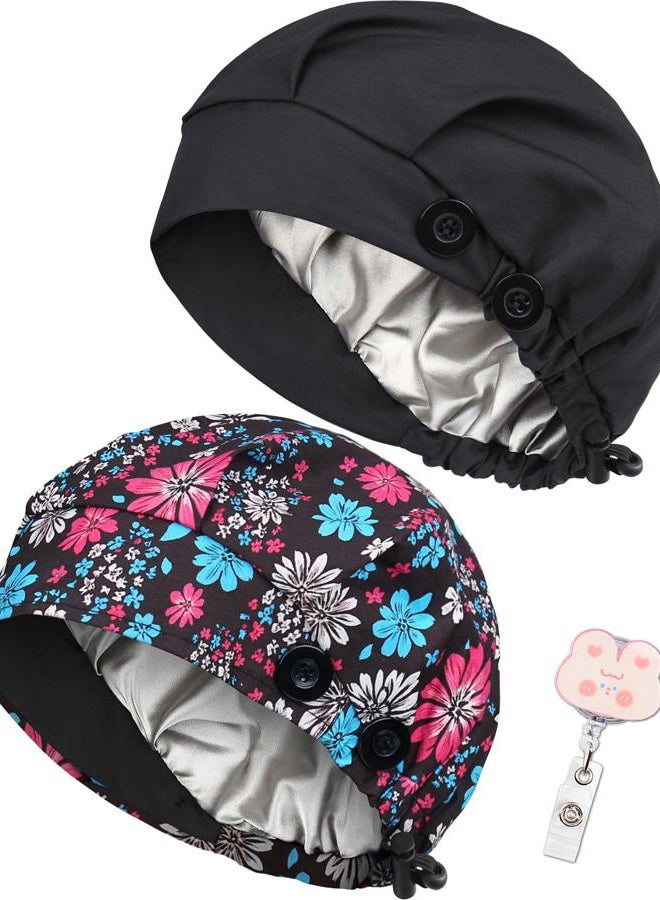 Yuest 2 Pack Satin Lined Bouffant Scrub Caps with Buttons, Adjustable Scrub Caps for Women Men, 2 Pack Satin Lined Black+ Night Garden, One size - Image 5