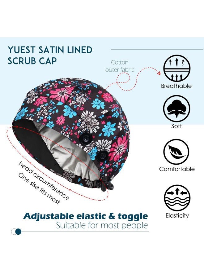 Yuest 2 Pack Satin Lined Bouffant Scrub Caps with Buttons, Adjustable Scrub Caps for Women Men, 2 Pack Satin Lined Black+ Night Garden, One size - Image 2