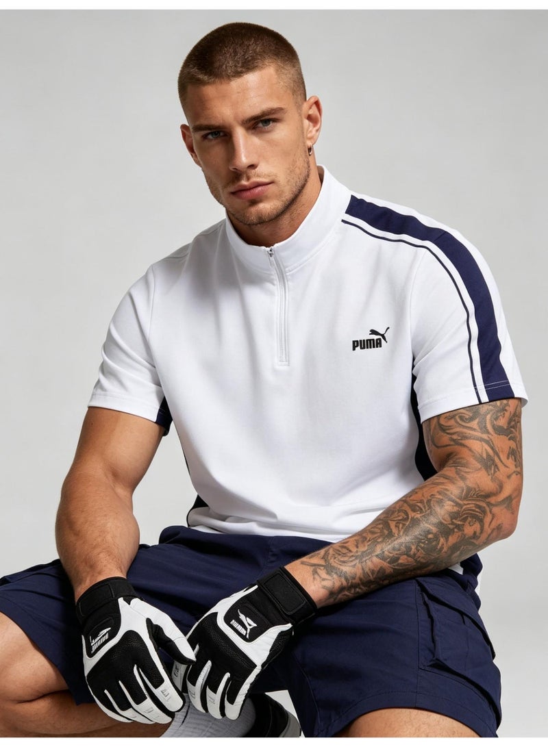 PUMA unisex semi-zipper striped Polo shirt, logo printed retro sports short-sleeved casual T-shirt, quick-drying fabric, breathable faster. - Image 1
