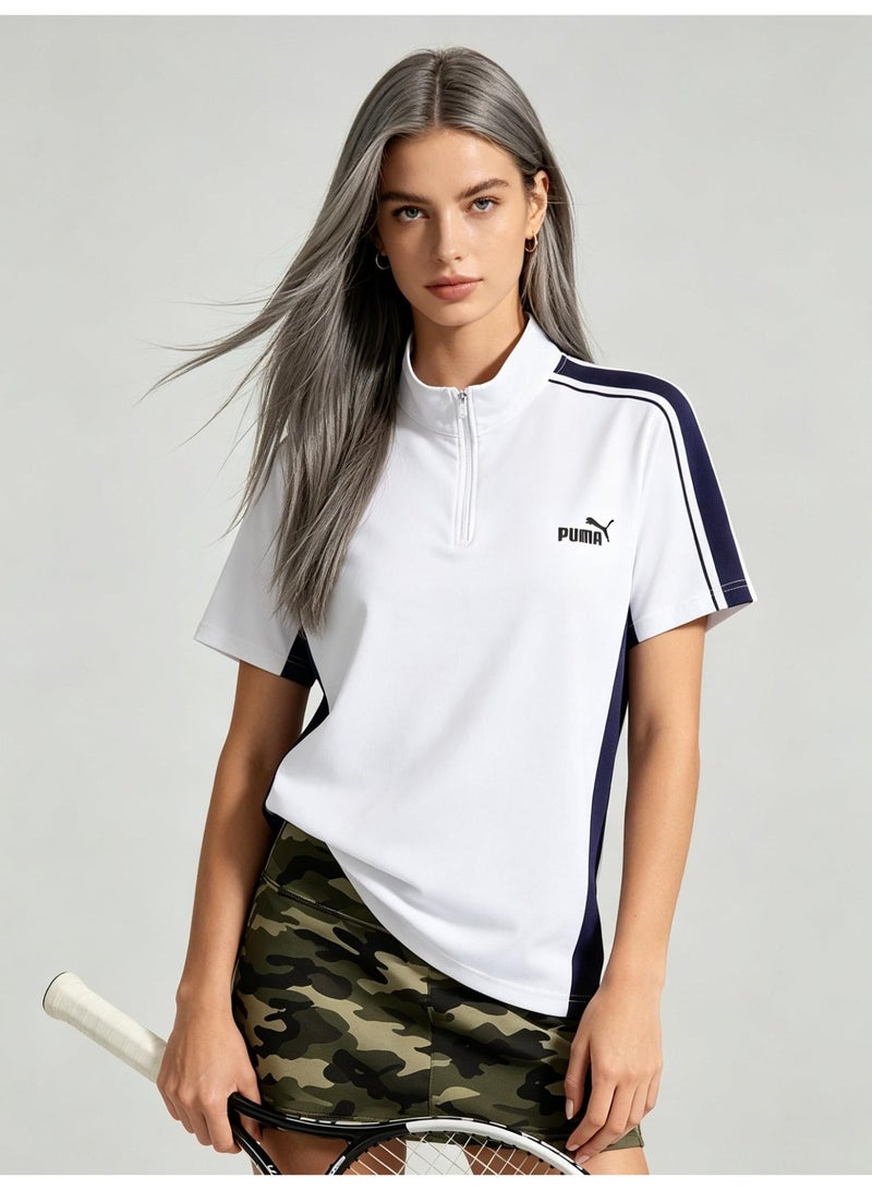 PUMA unisex semi-zipper striped Polo shirt, logo printed retro sports short-sleeved casual T-shirt, quick-drying fabric, breathable faster. - Image 2
