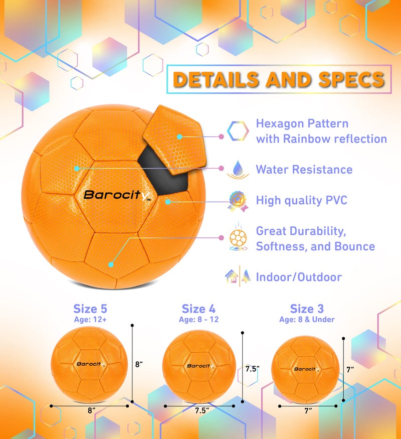 Barocity كرة القدم باروسيتي - كرة مباراة رسمية للأولاد والبنات بتصميم سداسي قزحي عاكس رائع، للاستخدام الداخلي والخارجي، وقت اللعب والمباريات - برتقالي قزحي حجم 4 - Image 2
