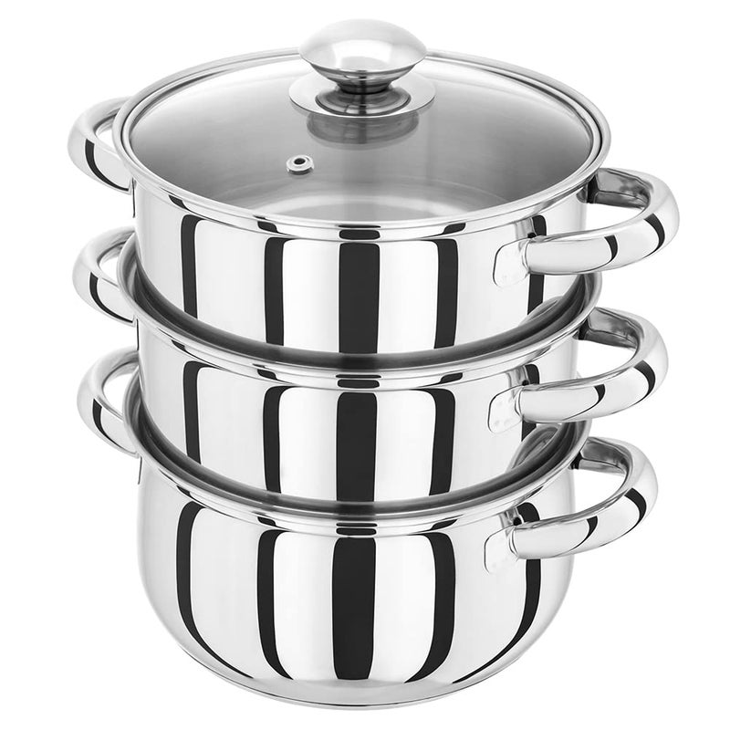 Judge Essentials Stainless Steel 3 Tier Steamer 18cm Vented Glass Lid Integral Casserole Pot Oven Safe Induction Ready