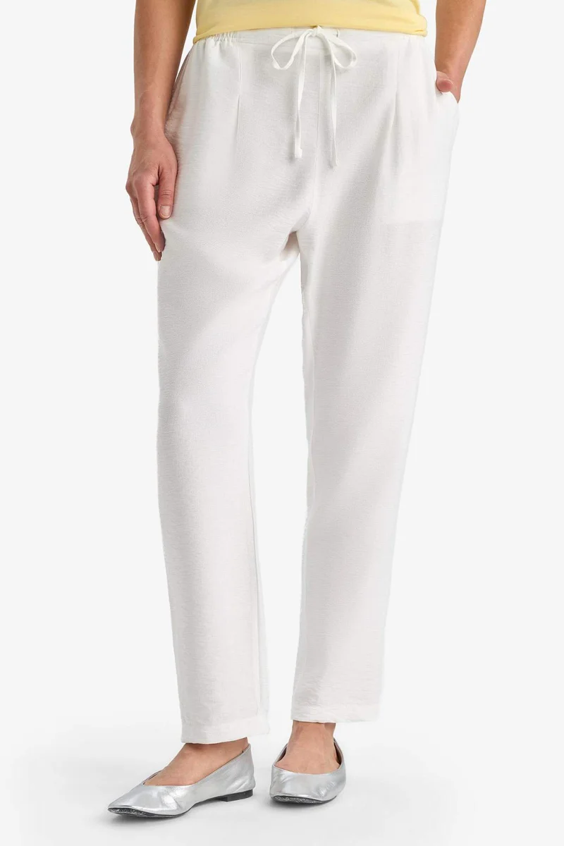 DeFacto Wide Leg Elastic Waist Straight Leg White Trousers