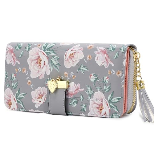 Pomelo Best RFID Wallets for Women with Multiple Card Slots and Cellphone Compartment, Womens Wallet (printing flowers grey) - Image 1