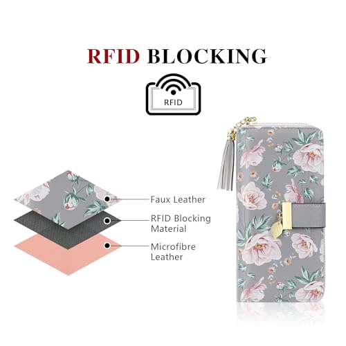Pomelo Best RFID Wallets for Women with Multiple Card Slots and Cellphone Compartment, Womens Wallet (printing flowers grey) - Image 5