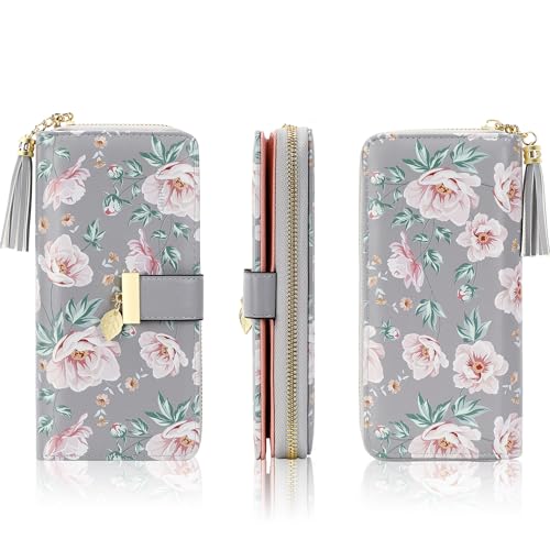 Pomelo Best RFID Wallets for Women with Multiple Card Slots and Cellphone Compartment, Womens Wallet (printing flowers grey) - Image 3