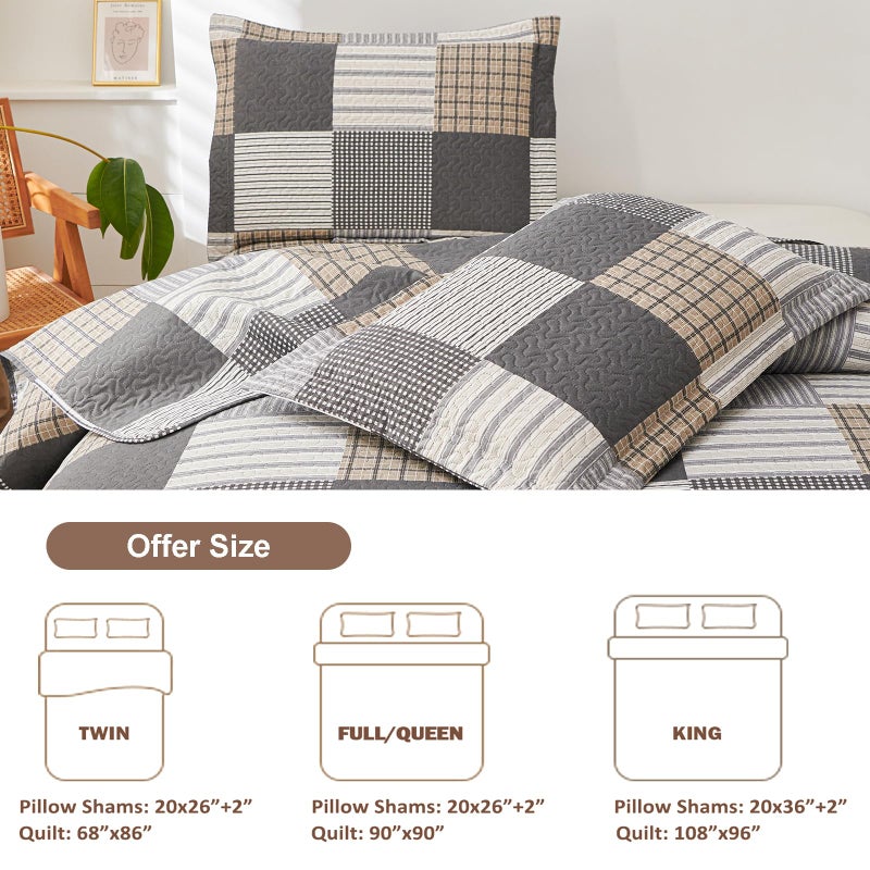 CHESITY Brown Black Plaid Bedding Sets, 3 Pcs Queen Size Quilt Bedspread Checked Patchwork Print Coverlets Bedcover Reversible Bed Cover Country Bedroom Decor(90"x 90") - Image 3