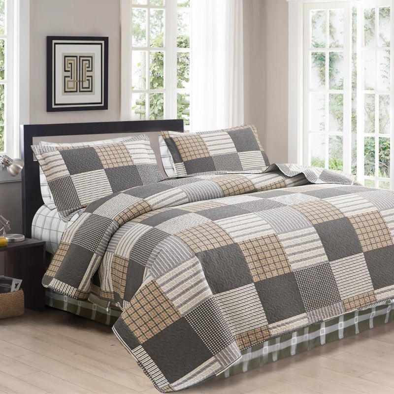 CHESITY Brown Black Plaid Bedding Sets, 3 Pcs Queen Size Quilt Bedspread Checked Patchwork Print Coverlets Bedcover Reversible Bed Cover Country Bedroom Decor(90"x 90") - Image 2