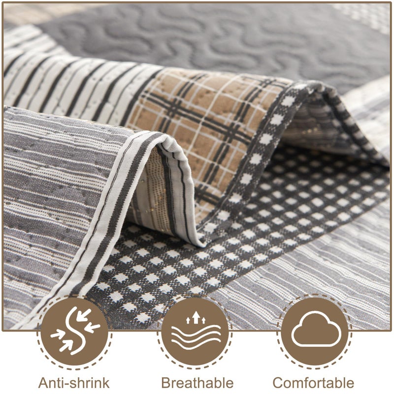 CHESITY Brown Black Plaid Bedding Sets, 3 Pcs Queen Size Quilt Bedspread Checked Patchwork Print Coverlets Bedcover Reversible Bed Cover Country Bedroom Decor(90"x 90") - Image 4