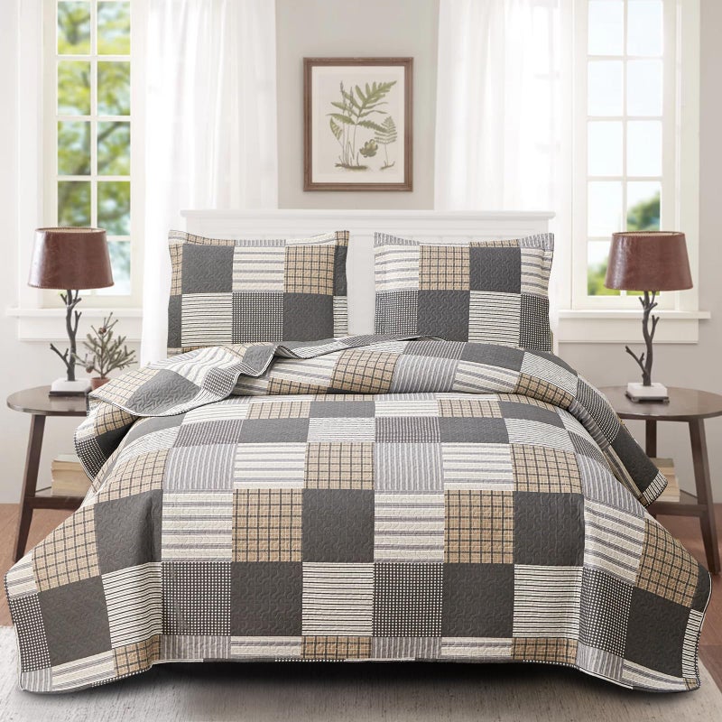 CHESITY Brown Black Plaid Bedding Sets, 3 Pcs Queen Size Quilt Bedspread Checked Patchwork Print Coverlets Bedcover Reversible Bed Cover Country Bedroom Decor(90"x 90") - Image 1