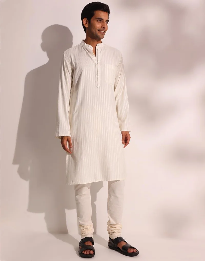 Fabindia White Viscose Blend Dobby Long Kurta