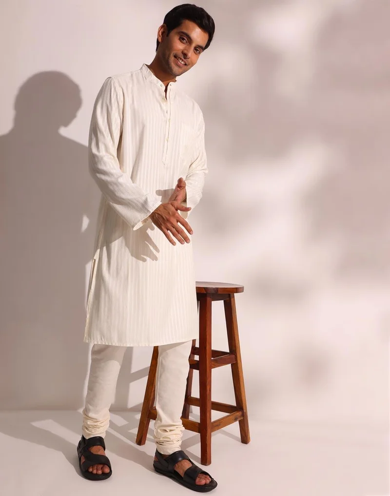 Fabindia White Viscose Blend Dobby Long Kurta