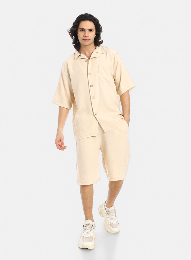 Red Circle Button Closure Trendy Shirt and Shorts Set - Image 1