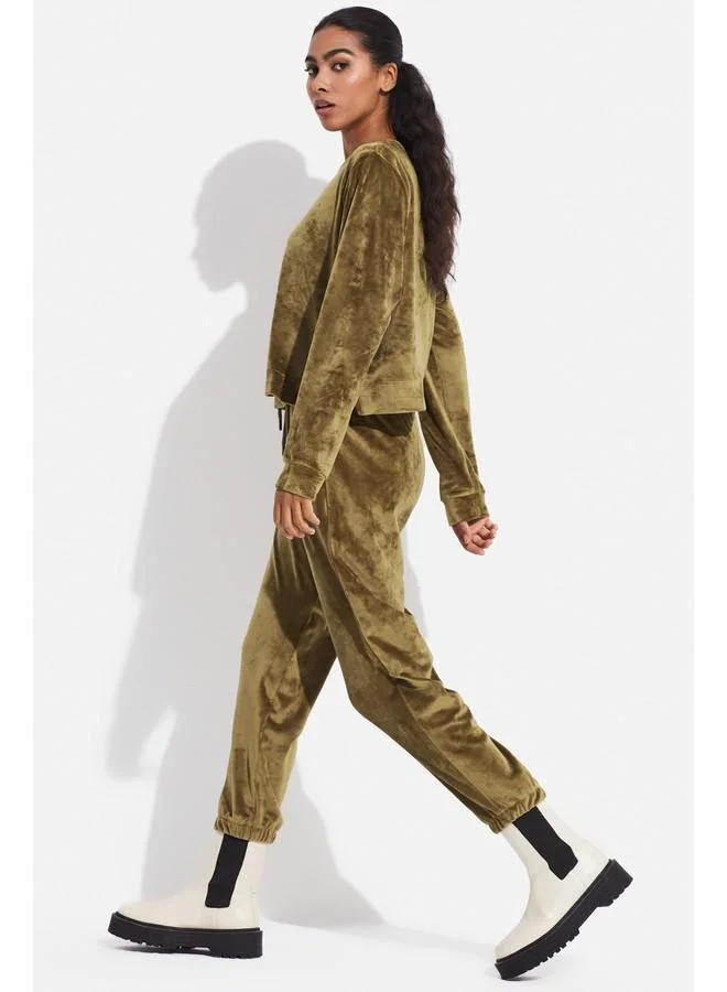 JUNE June Velvet Sweatshirt - Sweatpant Set Tan