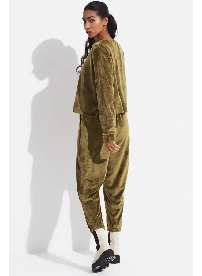 JUNE June Velvet Sweatshirt - Sweatpant Set Tan