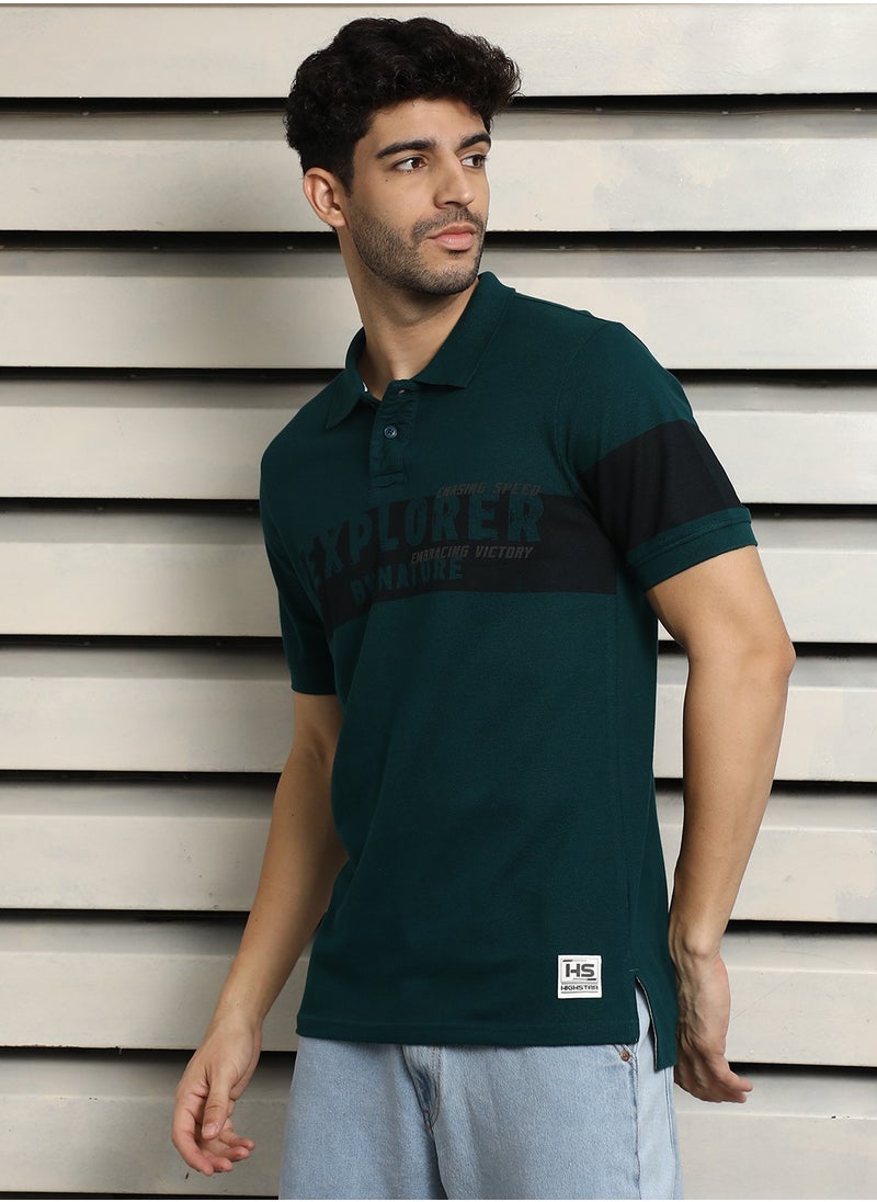 HIGH STAR - Regular Fit Teal Polo T-Shirt for Men, Color Block Design - Image 1