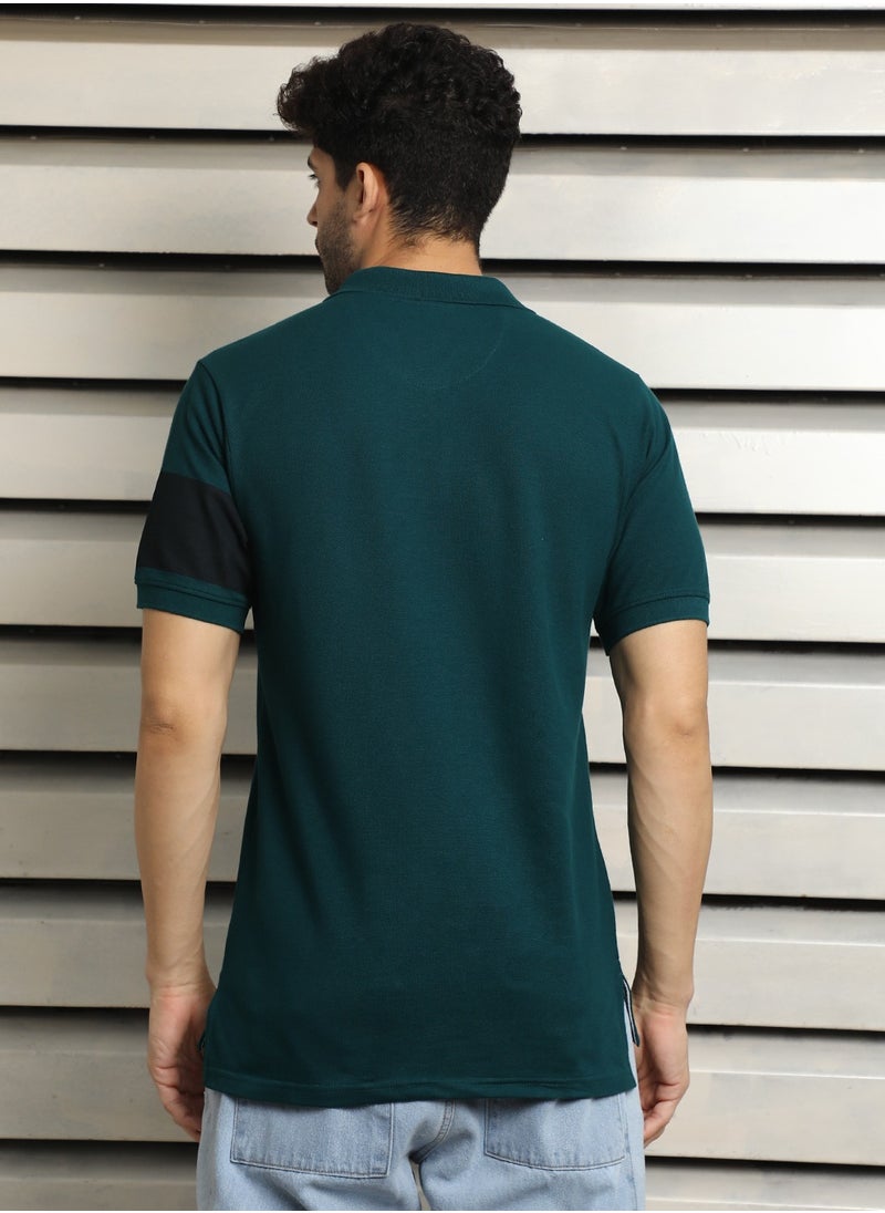 HIGH STAR - Regular Fit Teal Polo T-Shirt for Men, Color Block Design - Image 1