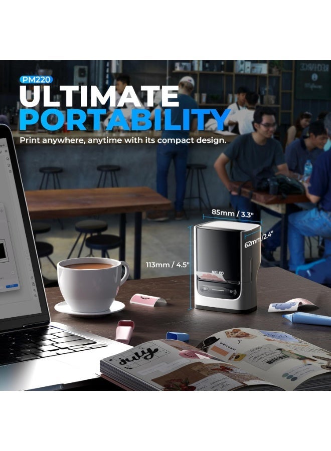 طابعة ملصقات نيلكو مع شريط لاصق، طابعة ملصقات بلوتوث PM220، طابعة حرارية محمولة بحجم 2 بوصة للشركات الصغيرة، طباعة العناوين والشعارات والملابس والبريد والملصقات للهواتف وأجهزة الكمبيوتر، لون أبيض - Image 5