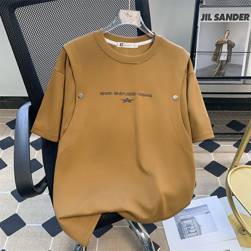Design Sense Rivet T-Shirt Men'S Summer Trendy Brand Heavy Solid Color Short-Sleeved Style Ruffian Handsome Loose Half-Sleeved T-Shirt - Image 2