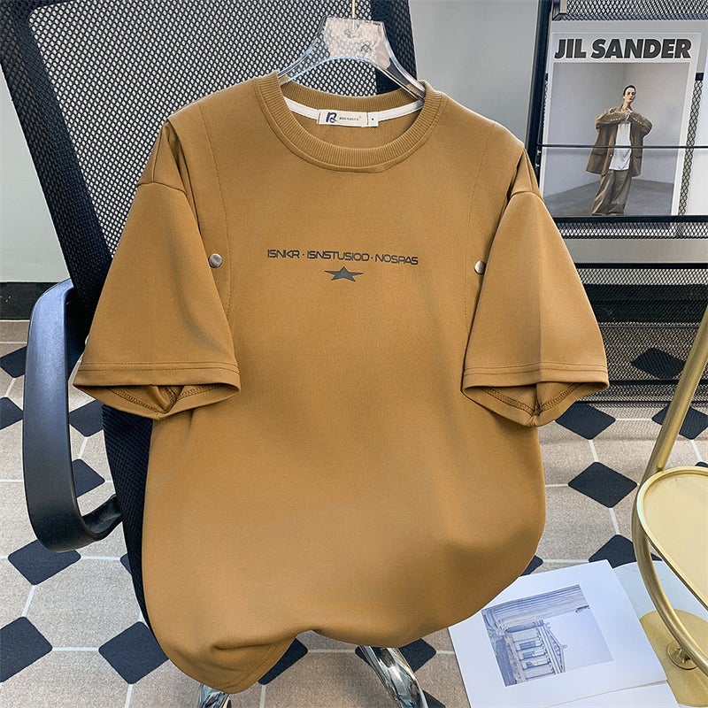 Design Sense Rivet T-Shirt Men'S Summer Trendy Brand Heavy Solid Color Short-Sleeved Style Ruffian Handsome Loose Half-Sleeved T-Shirt - Image 3