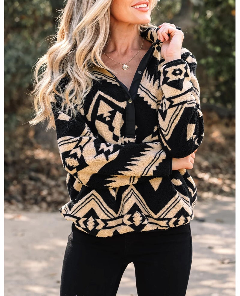 SELINK Womens Western Aztec Sweatshirt Half Placket Plush Casual Ethnic Tribal Fleece Long Sleeve Pullover Tops Black-M - Image 3