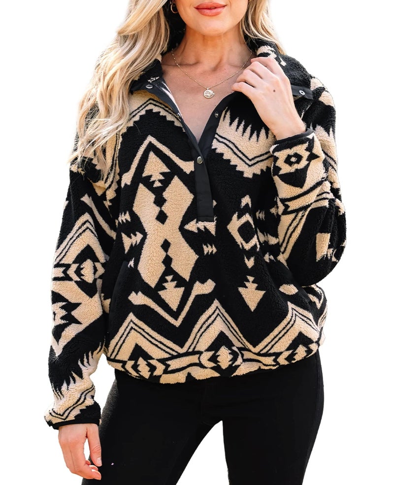 SELINK Womens Western Aztec Sweatshirt Half Placket Plush Casual Ethnic Tribal Fleece Long Sleeve Pullover Tops Black-M - Image 1