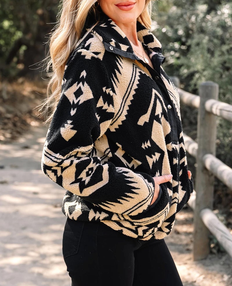 SELINK Womens Western Aztec Sweatshirt Half Placket Plush Casual Ethnic Tribal Fleece Long Sleeve Pullover Tops Black-M - Image 2