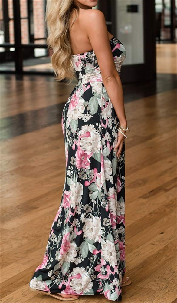 PRIMODA Womens Strapless Tube Top Maxi Dress Floral Boho Beach Dress with Pockets(S Blackwhite 4#) - Image 3