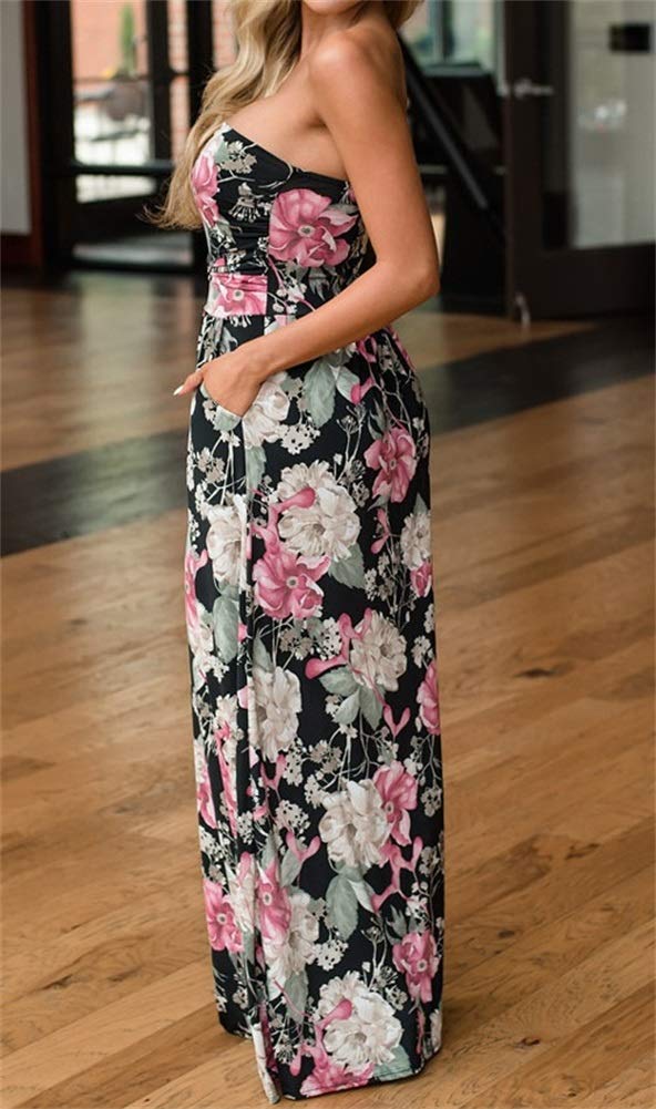 PRIMODA Womens Strapless Tube Top Maxi Dress Floral Boho Beach Dress with Pockets(S Blackwhite 4#) - Image 2