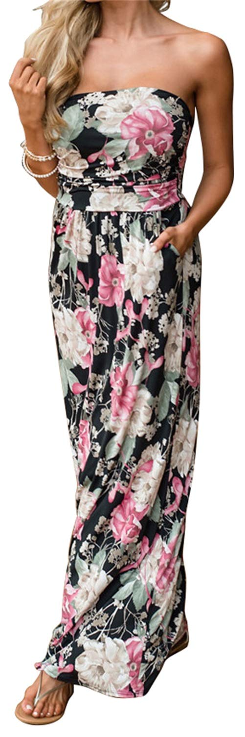 PRIMODA Womens Strapless Tube Top Maxi Dress Floral Boho Beach Dress with Pockets(S Blackwhite 4#) - Image 5