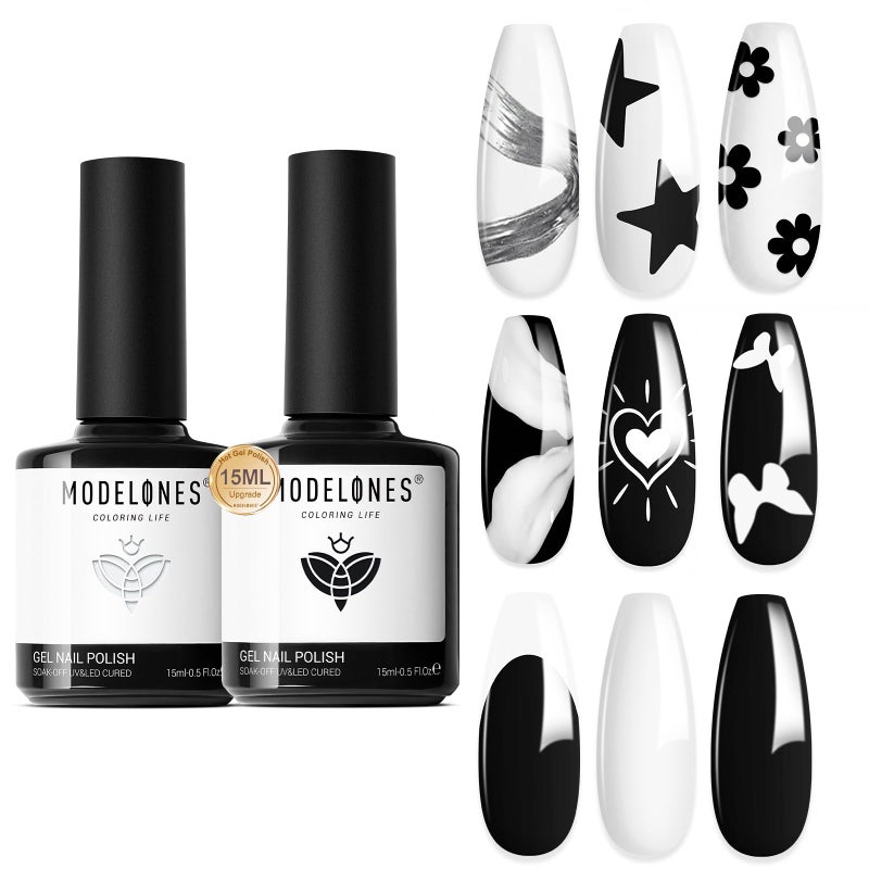 modelones White Gel Polish Black Gel Polish Set 2 Pcs 15ml Black And White Nail Polish Soak Off LED Valentine's Nail Art French Manicure Salon Diy at Home Gift for Women Girls - Image 1