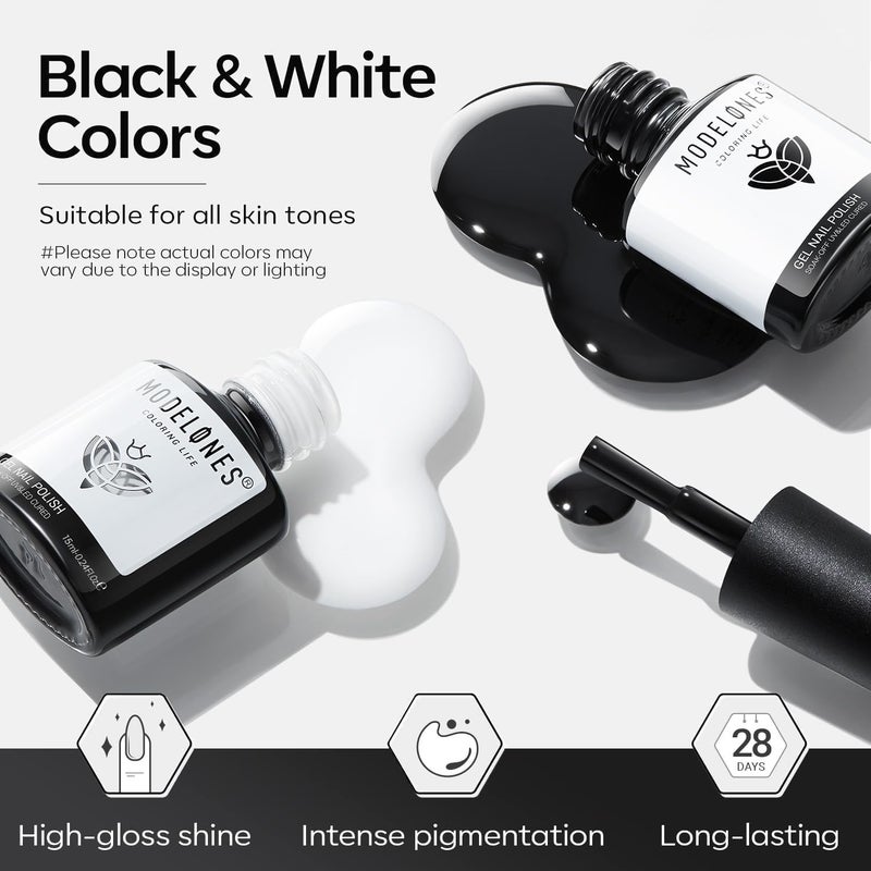 modelones White Gel Polish Black Gel Polish Set 2 Pcs 15ml Black And White Nail Polish Soak Off LED Valentine's Nail Art French Manicure Salon Diy at Home Gift for Women Girls - Image 5