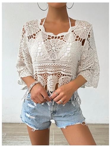 MakeMeChic Women's Crochet Cover Ups Tops Summer Crew Neck 3/4 Sleeve Beach Swimsuit Coverup Apricot Small - Image 3
