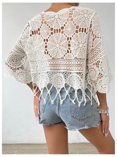 MakeMeChic Women's Crochet Cover Ups Tops Summer Crew Neck 3/4 Sleeve Beach Swimsuit Coverup Apricot Small - Image 2