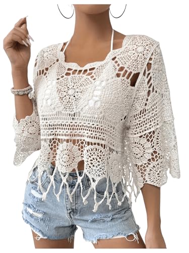MakeMeChic Women's Crochet Cover Ups Tops Summer Crew Neck 3/4 Sleeve Beach Swimsuit Coverup Apricot Small - Image 1