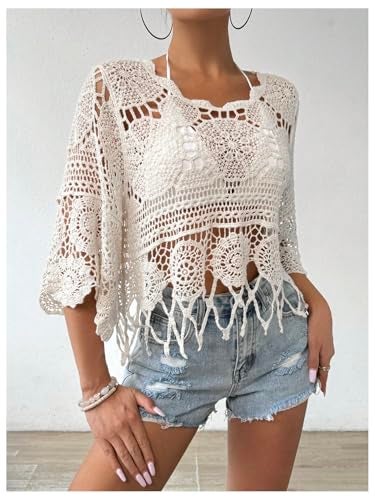 MakeMeChic Women's Crochet Cover Ups Tops Summer Crew Neck 3/4 Sleeve Beach Swimsuit Coverup Apricot Small - Image 4