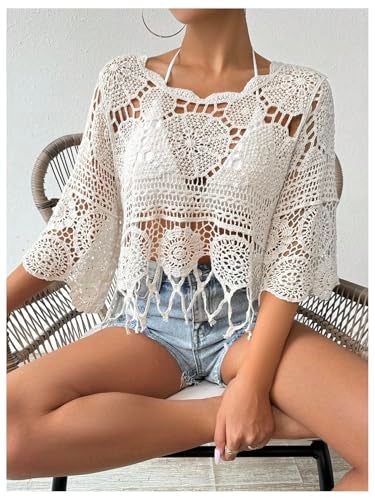 MakeMeChic Women's Crochet Cover Ups Tops Summer Crew Neck 3/4 Sleeve Beach Swimsuit Coverup Apricot Small - Image 5
