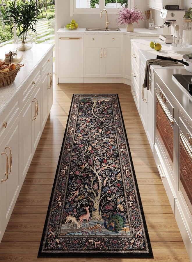 Rugcomf Runner Rug Vibrant Tree of Life-Patterned Vintage Kitchen Rugs Non Slip Washable Soft Carpet Runner for Laundry Bedroom Bathroom, Black - Image 1
