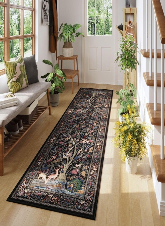 Rugcomf Runner Rug Vibrant Tree of Life-Patterned Vintage Kitchen Rugs Non Slip Washable Soft Carpet Runner for Laundry Bedroom Bathroom, Black - Image 2