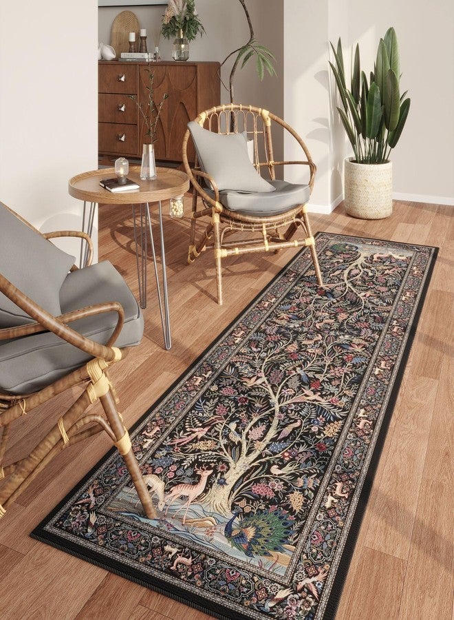 Rugcomf Runner Rug Vibrant Tree of Life-Patterned Vintage Kitchen Rugs Non Slip Washable Soft Carpet Runner for Laundry Bedroom Bathroom, Black - Image 4