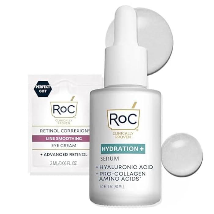 RoC Hydration+ Hyaluronic Acid Serum for Face, Hydrating, Plumping, Fragrance Free, Lightweight Formula with Collagen Proteins (1 Ounce) with Retinol Eye Cream Packette - Image 1