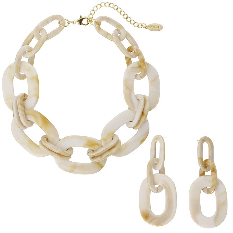 Bocar Acrylic Chunky Statement Necklace for Women Cube Link Chain Collar Necklace and Hoop Earrings Costome Jewelry Set(NK-10667-Antique White) - Image 1