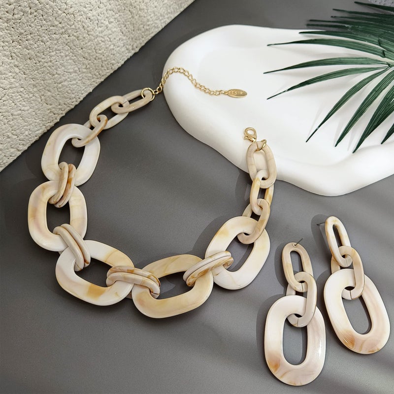 Bocar Acrylic Chunky Statement Necklace for Women Cube Link Chain Collar Necklace and Hoop Earrings Costome Jewelry Set(NK-10667-Antique White) - Image 2