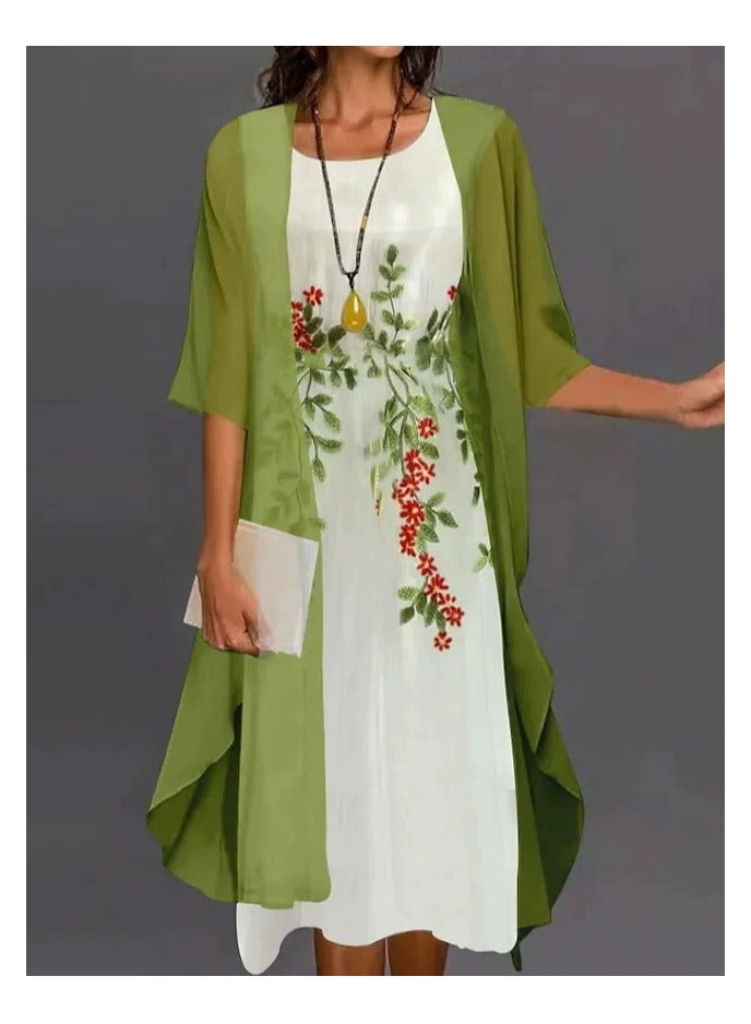 general Women's Floral Print Round-neck Two-piece Set - casual Sleeveless Flowing Dress Paired With Cardigan Jacket - Image 1