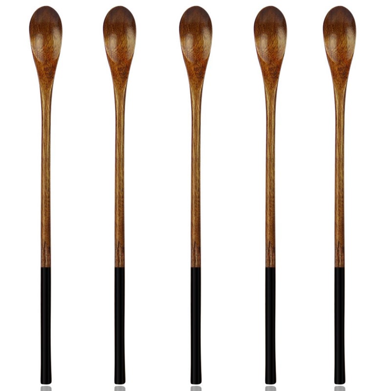 AOOSY Wooden SpoonsWood Long Handle Spoon 5 Pieces Natural Wood Mixing Spoon Set for Coffee Ice Tea Hot DrinksDark Brown