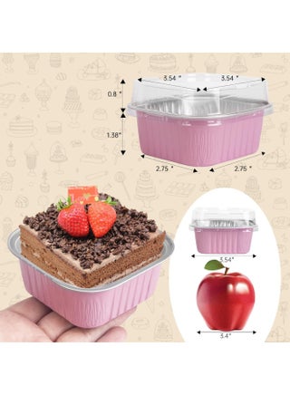 50 Pcs Mini Square Baking Cups with Lids,5oz Aluminum Foil Mini Cake Pans with Lids,Disposable Ramekins Cake Pans,150ml Dessert Cups Cupcake Pans for Wedding Birthday Party,PINK - view 2
