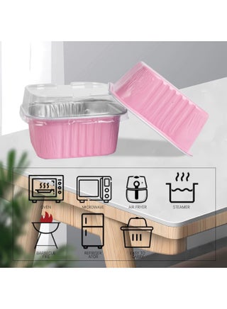 50 Pcs Mini Square Baking Cups with Lids,5oz Aluminum Foil Mini Cake Pans with Lids,Disposable Ramekins Cake Pans,150ml Dessert Cups Cupcake Pans for Wedding Birthday Party,PINK - view 3