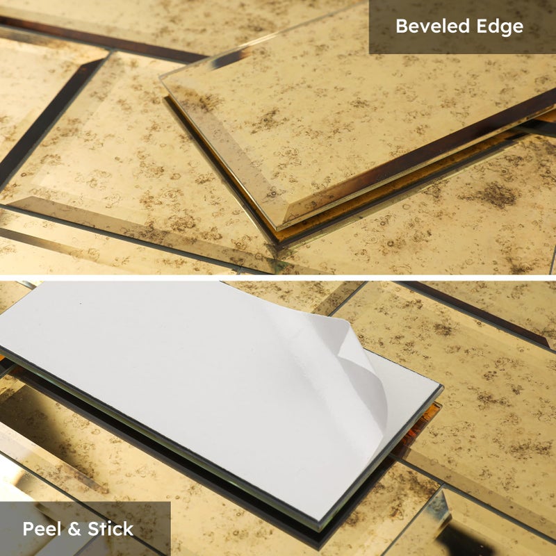 Diflart Peel and Stick Beveled MirrorTile, Light Antique with Gold, 3x6 Inch, Mirror Backsplash for Kitchen Bar Bathroom Wall Tile (5 Sq.ft, 40 Pcs) - Image 4