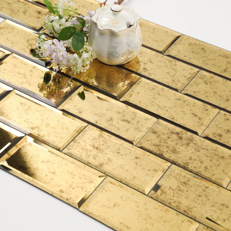 Diflart Peel and Stick Beveled MirrorTile, Light Antique with Gold, 3x6 Inch, Mirror Backsplash for Kitchen Bar Bathroom Wall Tile (5 Sq.ft, 40 Pcs) - Image 1