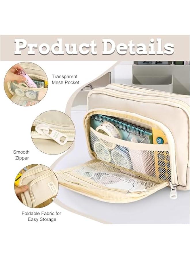 إسكدنيا قلم رصاص حقيبة ، حالة قلم رصاص كبير مع 3 طبقات سستة ، فتاة الكبار حالة قلم رصاص المحمولة حقيبة مستحضرات التجميل ، مكتب المدرسة الأكاديمية الجمالية حالة قلم رصاص ( بيج ) - Image 3